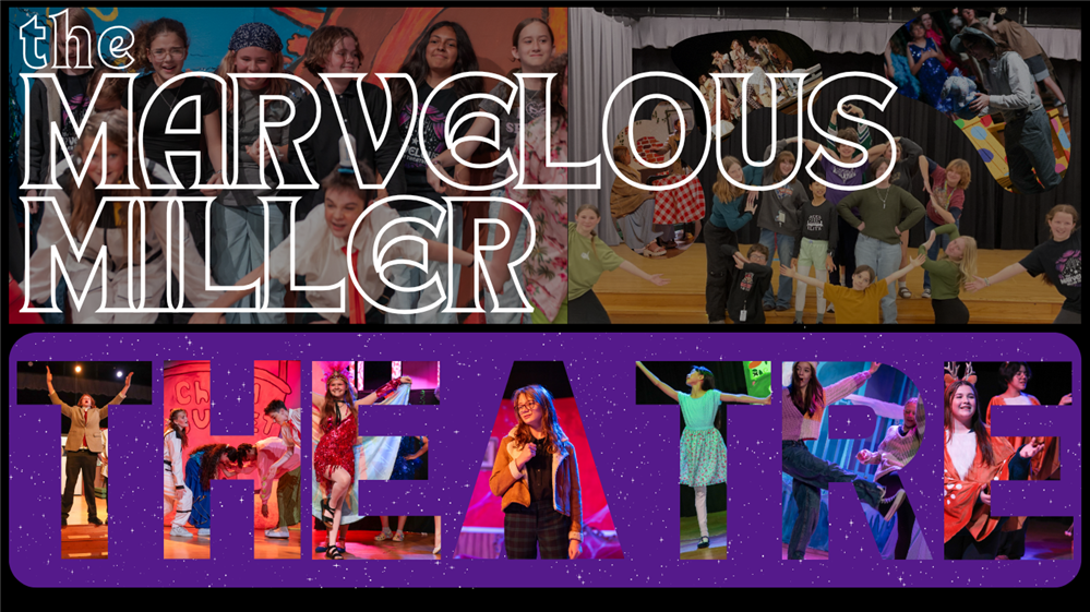 The top half displays the department name in large white bubble letters over a collage of students rehearsing and performing 